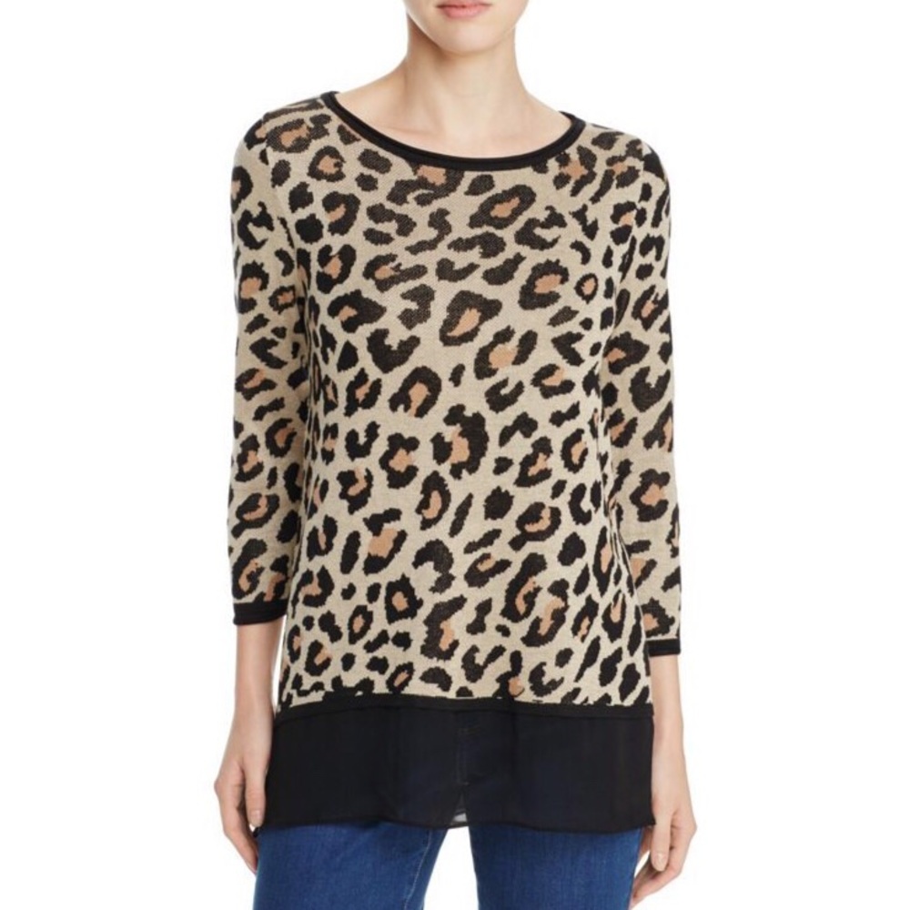 Cupio Leopard Print Knit Sweater Top with Black Ruffle Hem Cheetah Size S
